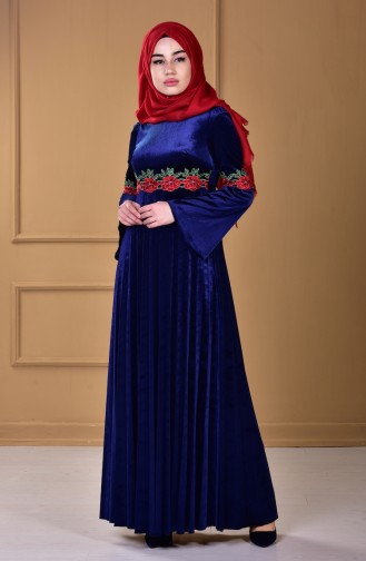 Robe Velours a Dentelle 7914-01 Bleu Marine 7914-01