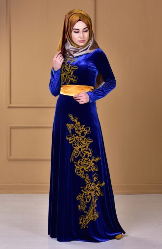 Saten Kuşaklı Kadife Elbise 0009-02 Saks