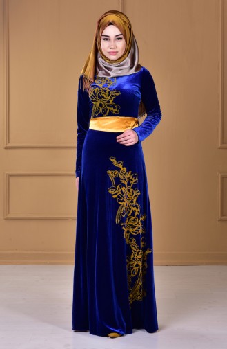 Saten Kuşaklı Kadife Elbise 0009-02 Saks