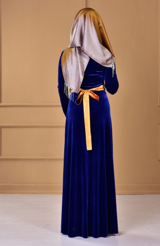 Saten Kuşaklı Kadife Elbise 0009-02 Saks