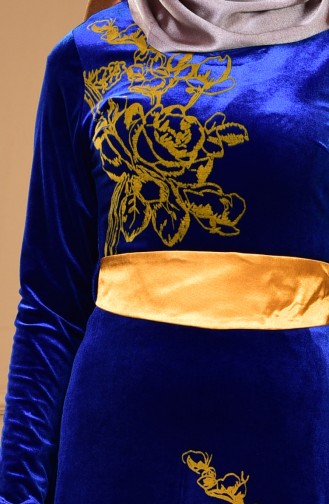 Saten Kuşaklı Kadife Elbise 0009-02 Saks