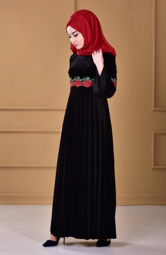 Dantelli Kadife Elbise 7914-03 Siyah