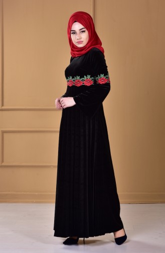 Dantelli Kadife Elbise 7914-03 Siyah