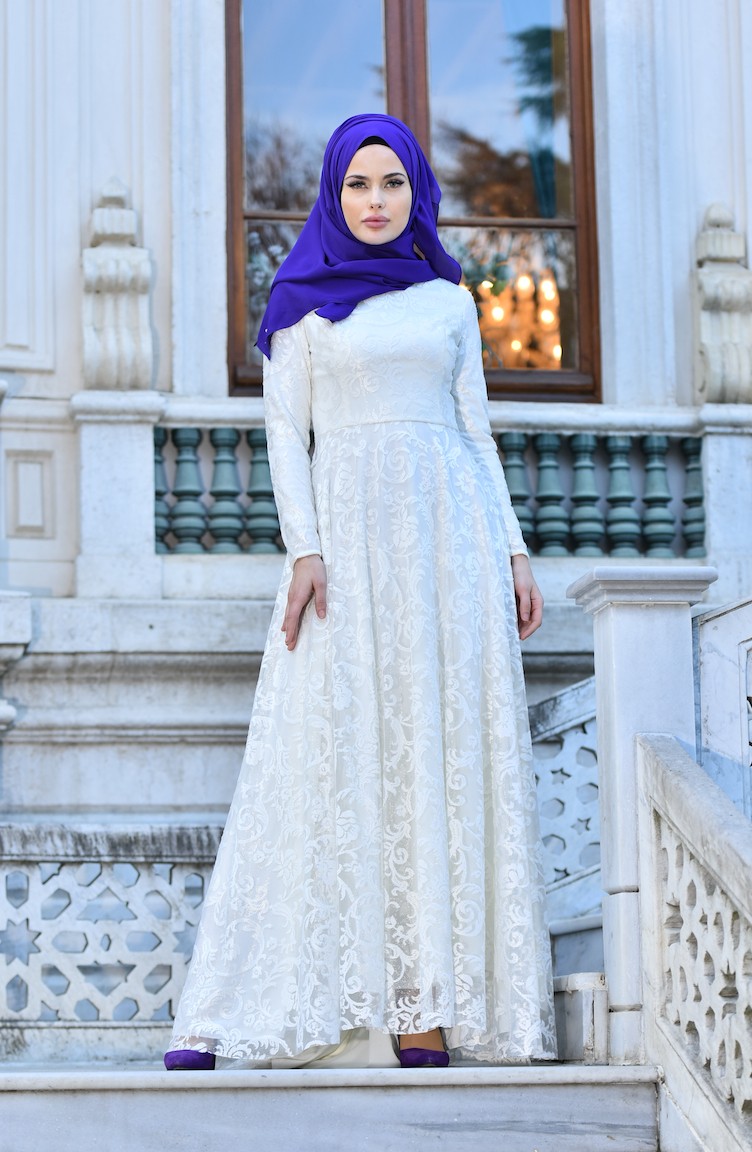 Ecru Hijab Evening Dress 1006-01 | Sefamerve Ecru Hijab Evening Dress 1006-01 | Sefamerve