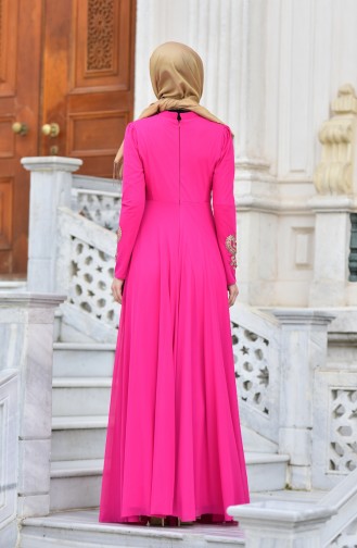 Robe de Soirée Bordée Perlée 1010-01 Fushia 1010-01