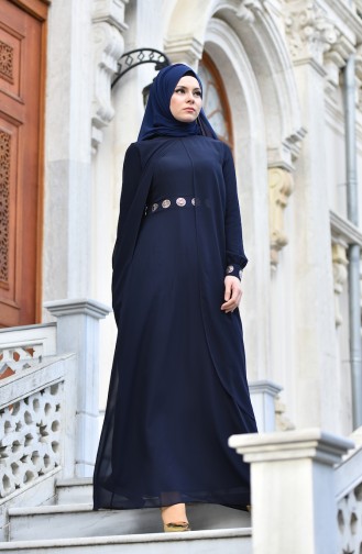 Navy Blue Hijab Evening Dress 99116-07