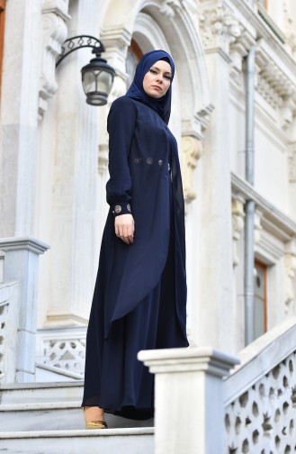 Navy Blue Hijab Evening Dress 99116-07