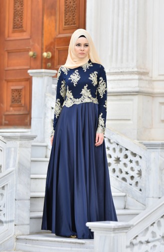 Navy Blue Hijab Evening Dress 7838A-01