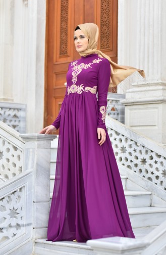 Robe de Soirée Bordée Perlée 1010-05 Pourpre 1010-05