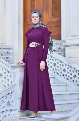 Taş İşlemeli Abiye Elbise 0590-03 Mürdüm