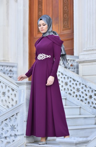 Plum Hijab Evening Dress 0590-03