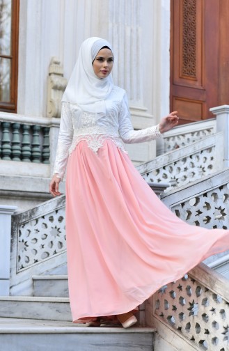 Salmon Hijab Evening Dress 9572-02