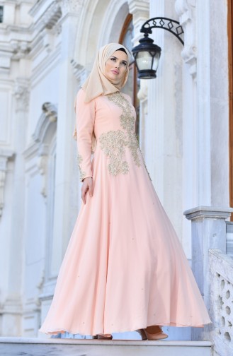 Pearls Chiffon Evening Dress 1008-01 Salmon 1008-01