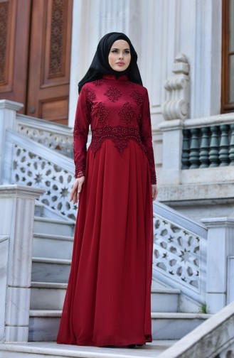 Claret Red Hijab Evening Dress 9570-02