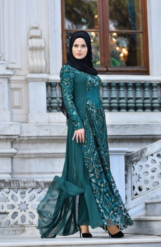 Emerald Green Hijab Evening Dress 7817-01