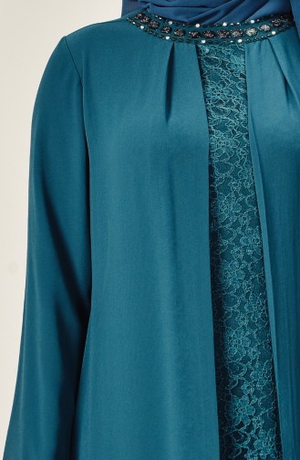 Büyük Beden Dantelli Şifon Elbise 5920-02 Zümrüt Yeşili