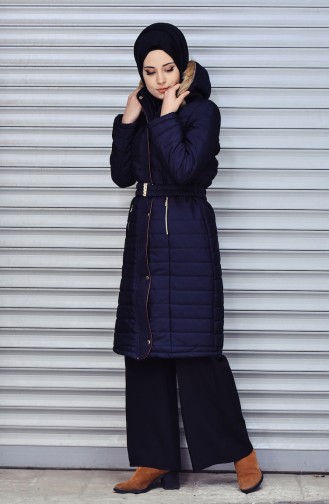 Furry Belted Padded Coat 0131-02 Navy Blue 0131-02