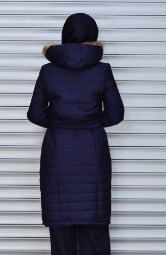 Furry Belted Padded Coat 0131-02 Navy Blue 0131-02