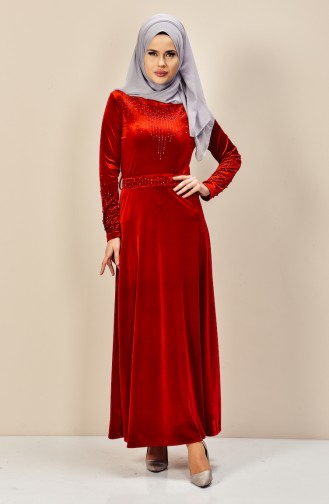 Taşlı Kadife Elbise 3823-02 Kırmızı
