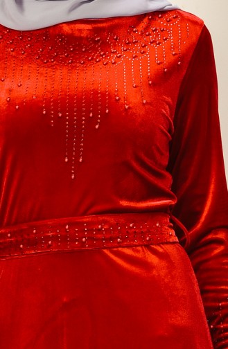 Taşlı Kadife Elbise 3823-02 Kırmızı