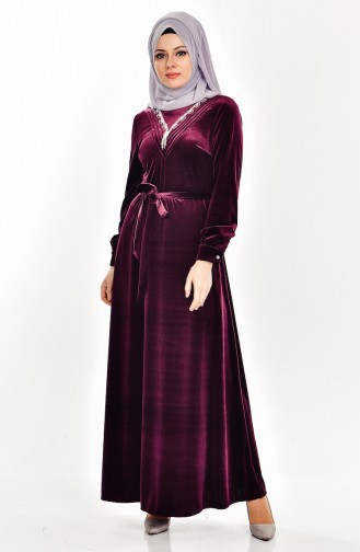 Robe Velours a Ceinture et Pierre 5027-01 Plum 5027-01