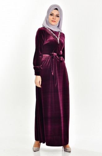 Robe Velours a Ceinture et Pierre 5027-01 Plum 5027-01