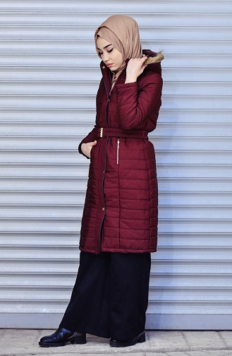 Furry Belted Padded Coat 0131-04 Claret Red 0131-04