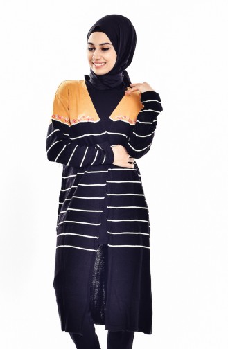 Düğmeli Çizgili Hırka 7483-01 Siyah