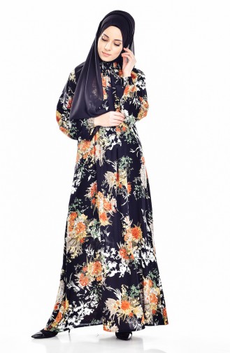 Çiçek Desenli Elbise 0060-01 Siyah