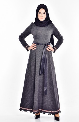 فستان بتصميم حزام خصر جلد 0595-01 لون أسود 0595-01