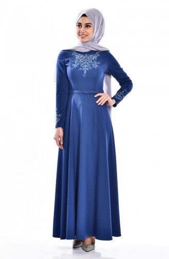 Pullu Kemerli Elbise 0613-02 Mavi
