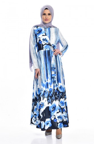 Dijital Baskılı Kuşaklı Elbise 7543-04 Mavi