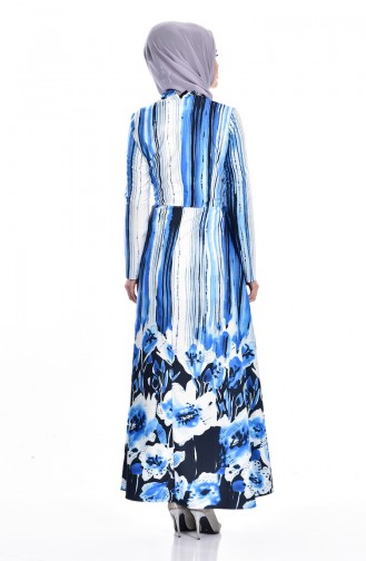  Digital Bedrucktes Kleid mit Gürtel 7543-04  Blau 7543-04