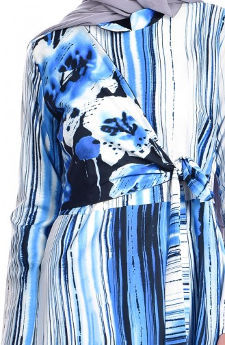 Dijital Baskılı Kuşaklı Elbise 7543-04 Mavi