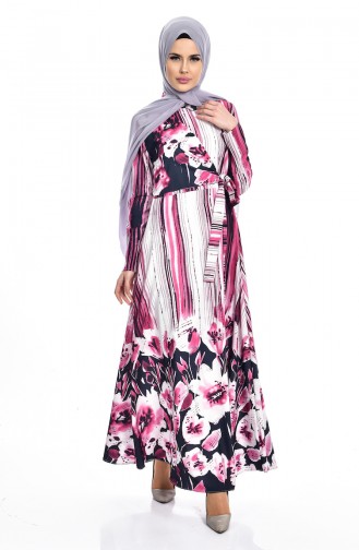  Digital Bedrucktes Kleid mit Gürtel   7543-03 Zwetschge 7543-03