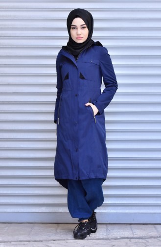 Trench Coat a Fermeture et Capuche 35767-01 Bleu Marine 35767-01