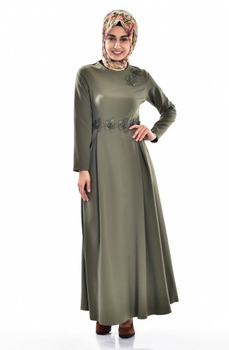 Robe Détail Fleurs 0134-03 Khaki 0134-03