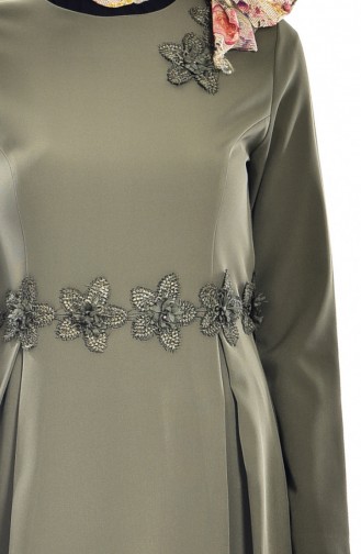 Robe Détail Fleurs 0134-03 Khaki 0134-03