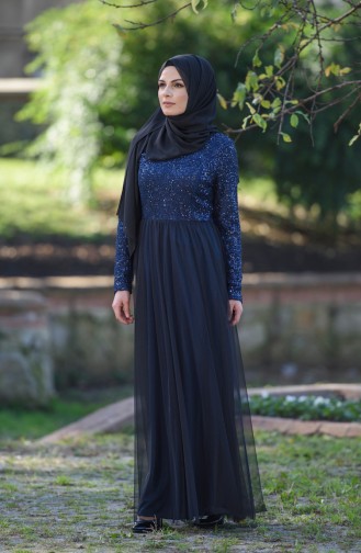 Navy Blue Hijab Evening Dress 52665-03