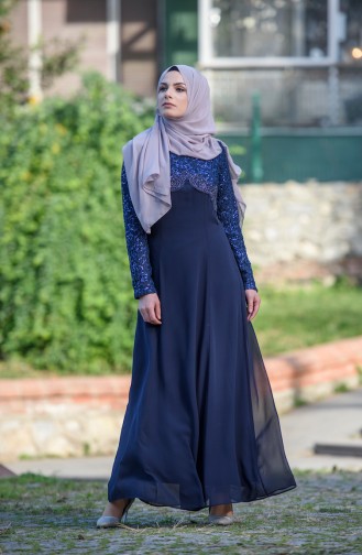 Navy Blue Hijab Evening Dress 99132-05
