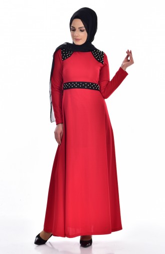 İncili Kuşaklı Elbise 2146-01 Kırmızı