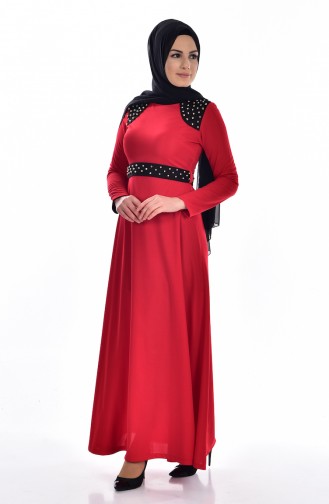 İncili Kuşaklı Elbise 2146-01 Kırmızı