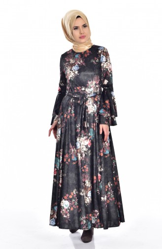Desenli Kadife Elbise 5032-05 Koyu Yeşil