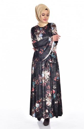 Desenli Kadife Elbise 5032-05 Koyu Yeşil