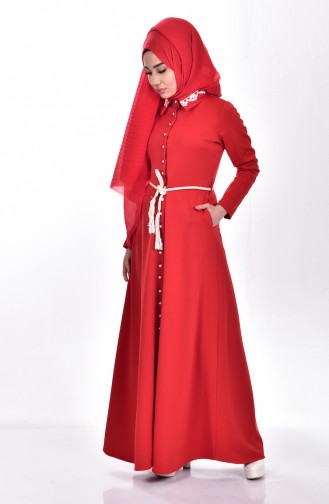 Shirt Collar Buttoned Dress 0015-01 Red 0015-01