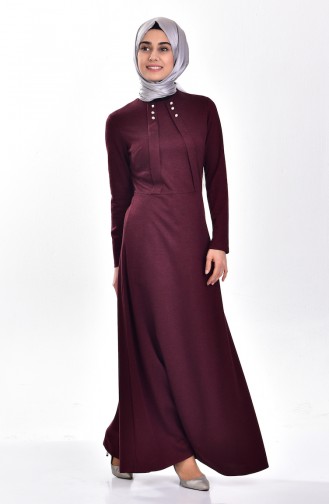 Button Detailed Dress 4004-02 Claret Red 4004-02