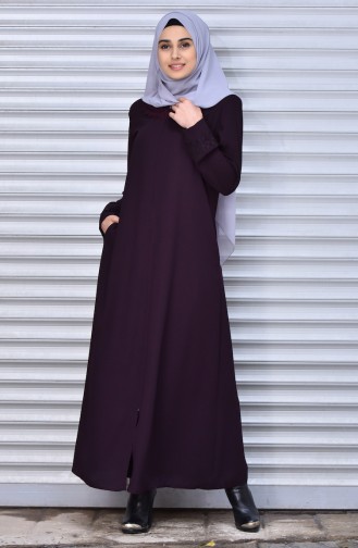 Lace Zippered Abaya 0082-02 Purple 0082-02