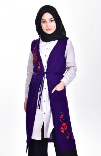 Nakışlı Triko Yelek 3157-02 Mor