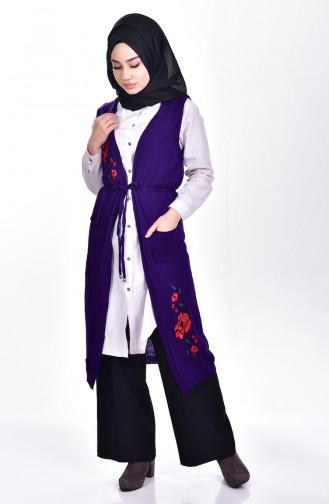 Nakışlı Triko Yelek 3157-02 Mor
