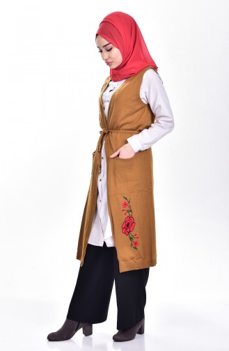 Nakışlı Triko Yelek 3157-05 Taba